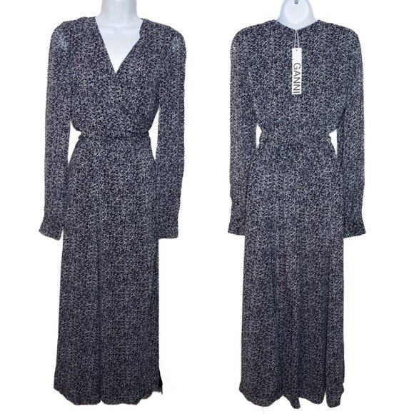 NWT GANNI Sz 36 Georgette Wrap Dress in Phantom Floral Maxi Sheer, Blue (1459) - Picture 2 of 6